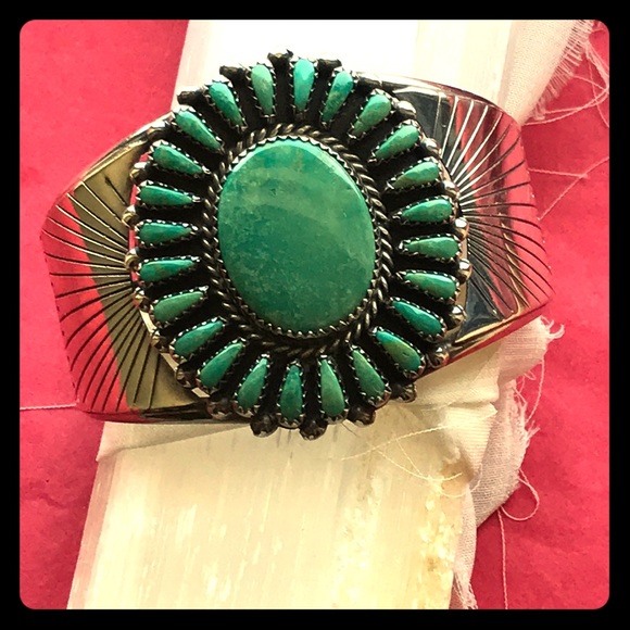 signed by artist Jewelry - Squashblossom turquoise, sterling silver bracelet